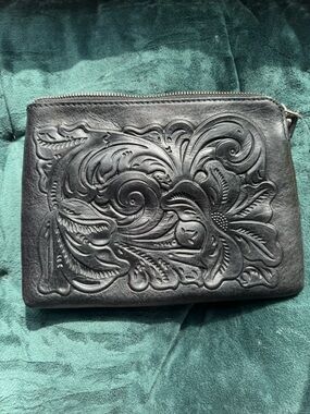 Patricia Nash Black Embossed Floral Leather Clutch/Wristlet